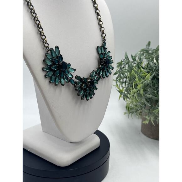 J. Crew Silver Tone Shades of Green Rhinestones Chain Clustered Necklace - Picture 4 of 16
